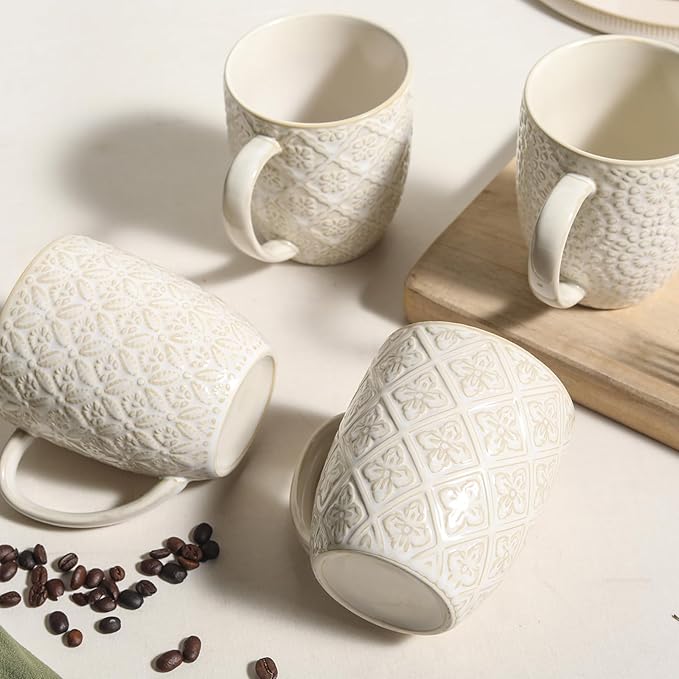 Coffee Mug Set of 4, 16 oz Large Ceramic Mugs, Porcelain Embossed Cups for Cocoa, Tea, Milk, Mocha, Cappuccino - Housewarming Present, Wedding Decoration, Dishwasher Safe, 3.5 x 4.5 inch