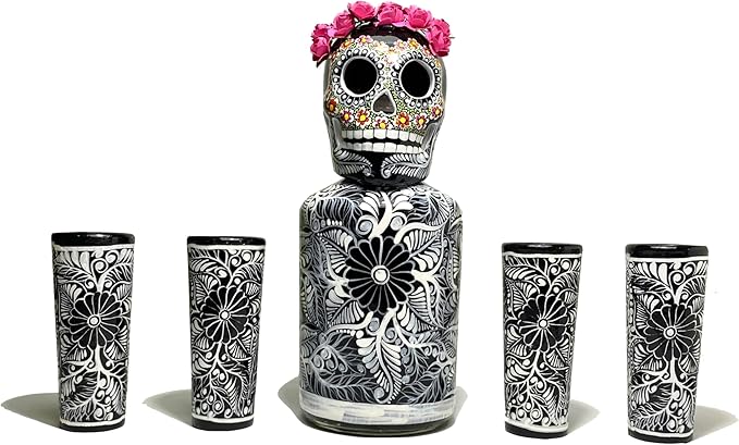 Tequila Decanter Set, Liquor Decanter with Shot Glasses and Mexican Sombrero, Hand-painted Decanter, Skull Decanter, Bar Decoration, Unique Tequila Gift, Gift For Dad (Black Catrina Set)