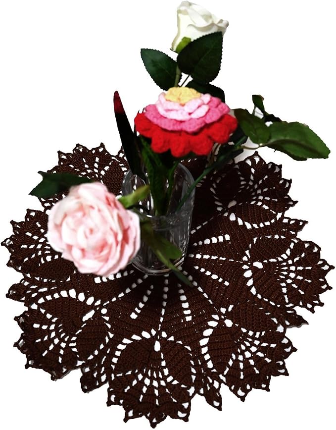 BIBITIME Tulip Flower Doilies Lace Doilies Kitchen Table Doily Mats Tablecloth Handmade Crochet Placemats Vase Dish Plate Mat (1 PC- 15 inches- 16 inches, Coffee)