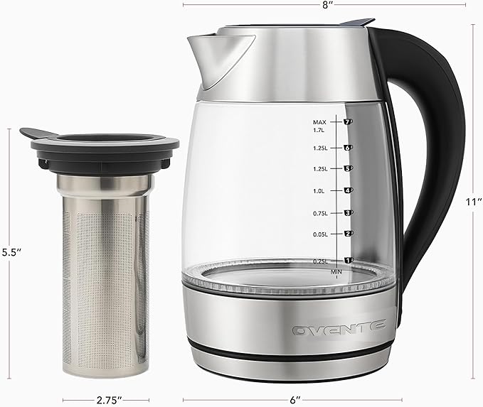 OVENTE Electric Tea Kettle with Temperature Control, Removable Tea Infuser, Easy to Fill Lid, Keep Warm Function, Auto Shut-Off, 1.7L Double Wall Borosilicate Glass, Stainless Steel Base, Silver KD68S