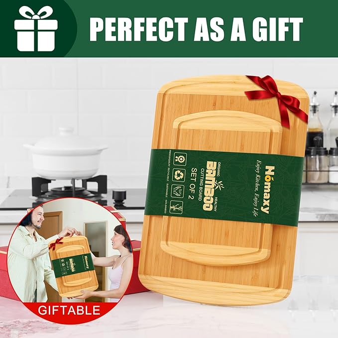 Homaxy Bamboo Cutting Boards for Kitchen Set of 2, Wood Cutting Board Set with Juice Groove, Wooden Butcher Block Chopping Board Set for Kitchen, Meat, Cheese, Fruit & Vegetables - Pre Oiled, Two-Tone