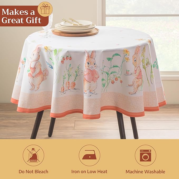 Maison d' Hermine Table Cloth Round Table 100% Cotton 69 Round Inches Tablecloth Reusable Decorative for Dining Room Farmhouse Home Valentines Day Decorations Spring Summer - Bunny Party