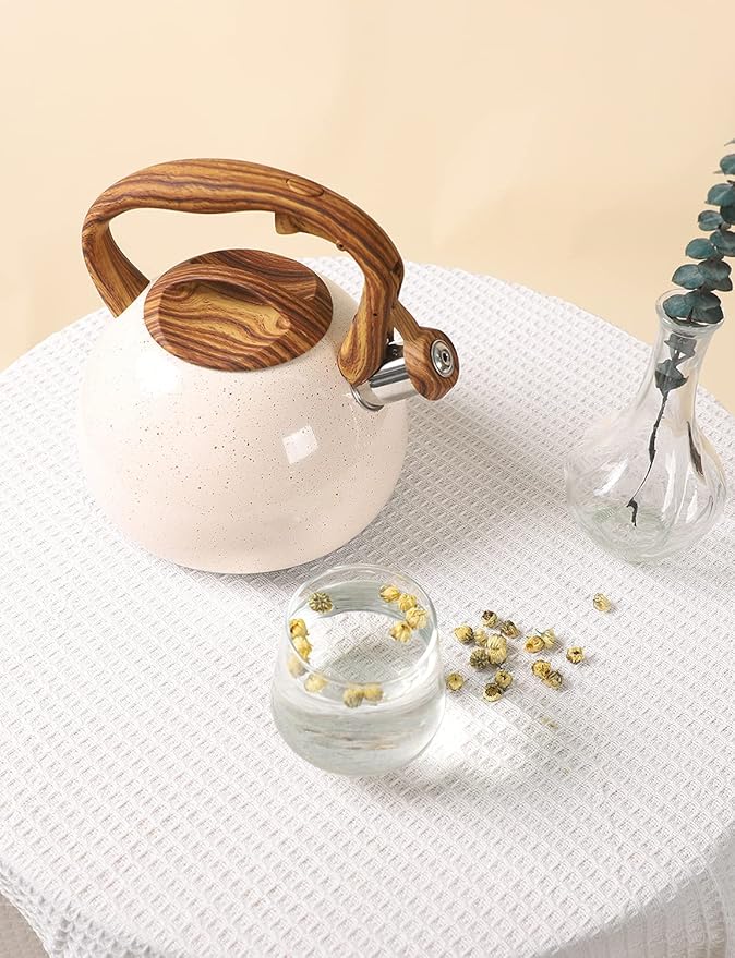 BELANKO 2.7 Quart Tea Kettle for Stovetops - Food Grade Stainless Steel Teapot with Loud Whistle, Cool-Touch Wood Pattern Handle, Rust-Resistant Whistling Kettle - Starry Cream