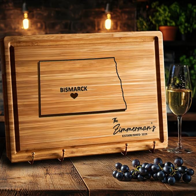 Destination Cutting Board North Dakota Gifts, Personalized Wooden States Decor, Bamboo State Cutting Boards - Map Decor for Home, USA Gifts
