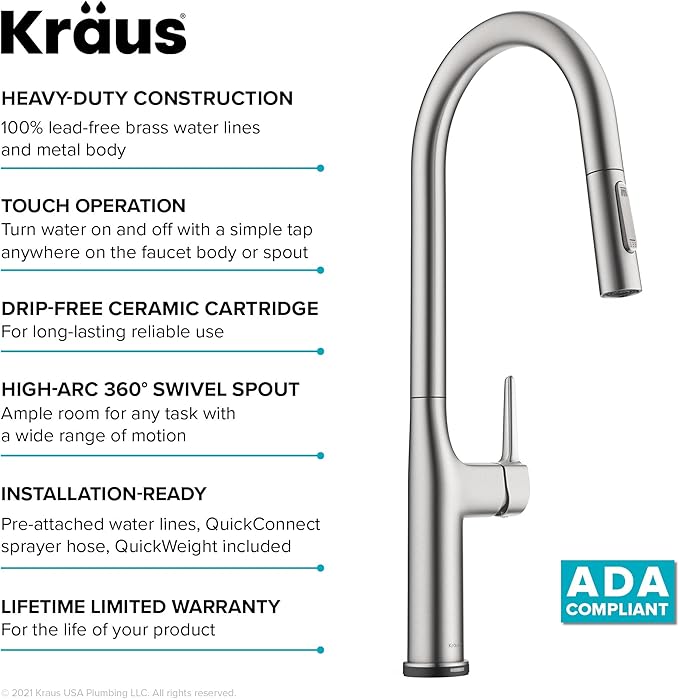 KRAUS Oletto Tall Modern Single-Handle Touch Kitchen Sink Faucet with Pull Down Sprayer in Spot Free Stainless Steel, KTF-3101SFS