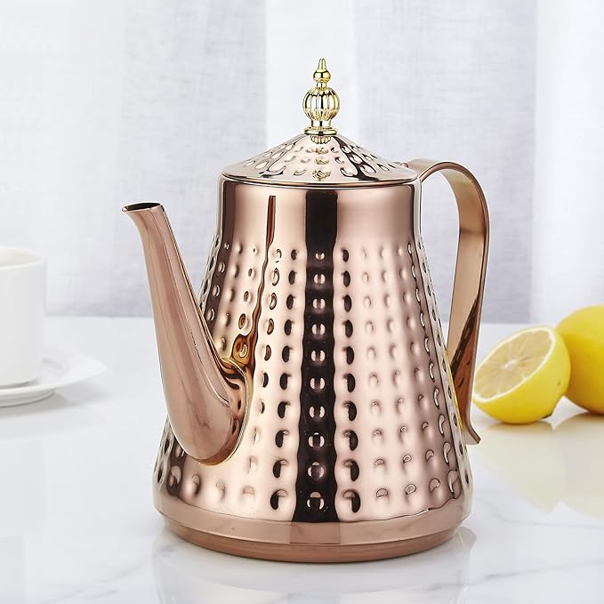 SANQIAHOME 1.6L(54oz) Stainless Steel Hammer Patterned Teapot With Removeable Infuser,Loose leaf cover,Copper