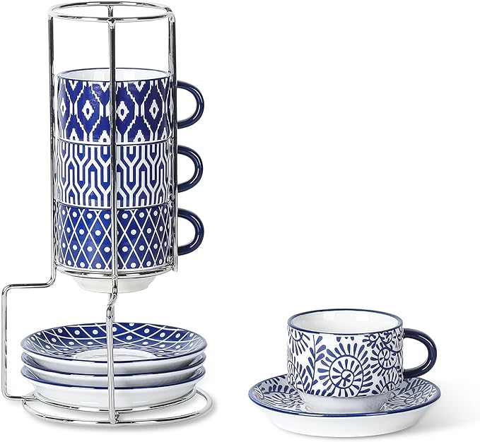 Selamica Ceramic Espresso Cups with Saucers and Metal Stand, 2.5 OZ Stackable Demitasse Cups for Espresso Latte Café Mocha Tea, Set of 4, Vintage Blue