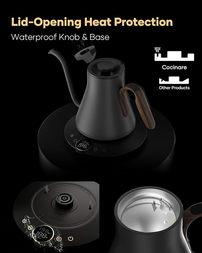 Gooseneck Electric Kettle with Precise ±1℉ Temperature Control, Wood-Accented Handle, Stainless Steel Interior, Quick Heating Pour Over Kettle for Coffee & Tea, 0.9L, Matte Grey