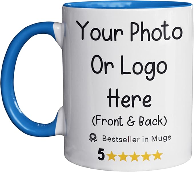 Personalized Coffee Mug, Custom Text, Photo or Company Logo Ceramic Mug, Customized 11oz Coffee or Tea Mug, Personalized Gift with Picture and or Text (White with Blue Handle and Inside)