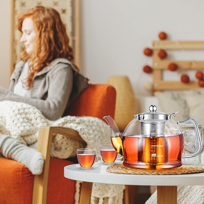 Tea Pot Set – 1200ml Glass Teapot with Removable Stainless Steel Infuser, and 4 Glass Teacups, Stovetop Safe Tea Kettle Gift Set, Blooming and Loose Leaf Tea Maker Set