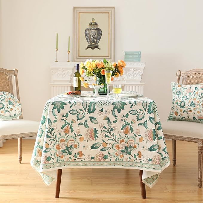 patdrea Designer Green Rectangle Table Cloth,Vintage Italian Floral Country Linen Breathable Tablecloth,Decor Cover for Kitchen Dining,Christmas,Tea Party,Thanksgiving,55"x79"-Tree Life