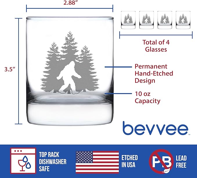 Bevvee Bigfoot Whiskey Rocks Glass - Funny Bigfoot Gifts for Sasquatch Enthusiasts - Set of 4-10.25 Oz Rocks Glasses