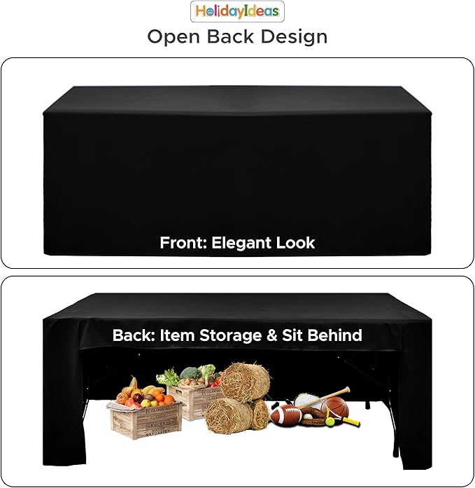 HolidayIdeas 4-Pack Open Back Table Cloths for 6 Foot Tables, Water Repellent Fitted Black Table Covers, 3-Sided Oxford Polyester Tablecloth for Craft Fairs, Vendor Booth, Registration Desk