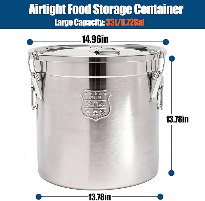 8.72Gal/33L Stainless Steel Airtight Canister, 304 Stainless Steel Airtight Food Storage Container with Lid and Lock Clips, Large Metal Storage Canister for Coffee Beans, Flour, Tea, Sugar, Cereals