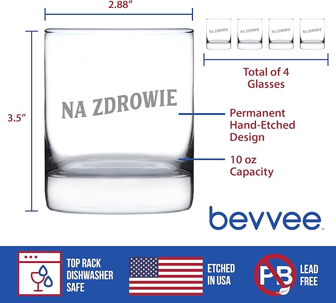 Bevvee Na Zdrowie - Polish Cheers - Whiskey Rocks Glass - Fun Poland Themed Gifts or Party Decor for Women and Men - Set of 4-10.25 Oz