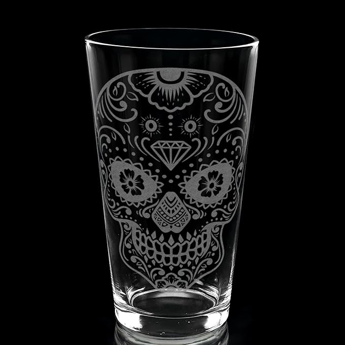 SUGAR SKULL Engraved Pint Glass | 16oz Rim Tempered | Day Of The Dead Dia De Los Muertos Mexican Inspired | Great Gift Idea!