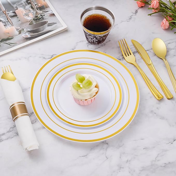 Goodluck 700 Piece Gold Plastic Dinnerware Set for 100 Guests, Disposable Plates for Party, Include: 100 Dinner Plates, 100 Dessert Plates, 100 Pre Rolled Napkins with Silverware, 100 Cups