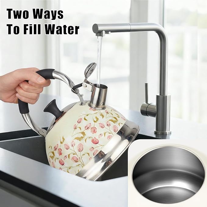 Stainless Steel Whistling Tea Kettle Stovetop - 3.1QT Tea Pot for Stove Top, Vintage Floral Print, Foldable Handle, 304 Stainless Steel Interior Teatop for Tea, Coffee, Party & Gift