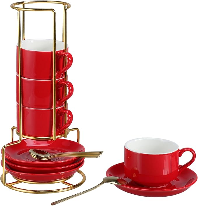 3 Ounce Espresso Cups Set of 4, Stackable Demitasse Mugs, Includes Display Stand, Cups Saucers, and Spoons, for Machines & Home Use, Red, Gold Tone