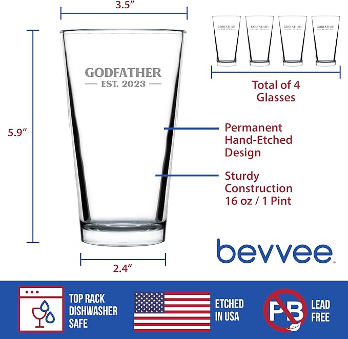 Bevvee Godfather Est 2023 - New Godfather Pint Glass Proposal Gift for First Time Godparents - Set of 4 - Bold 16 Oz Glasses