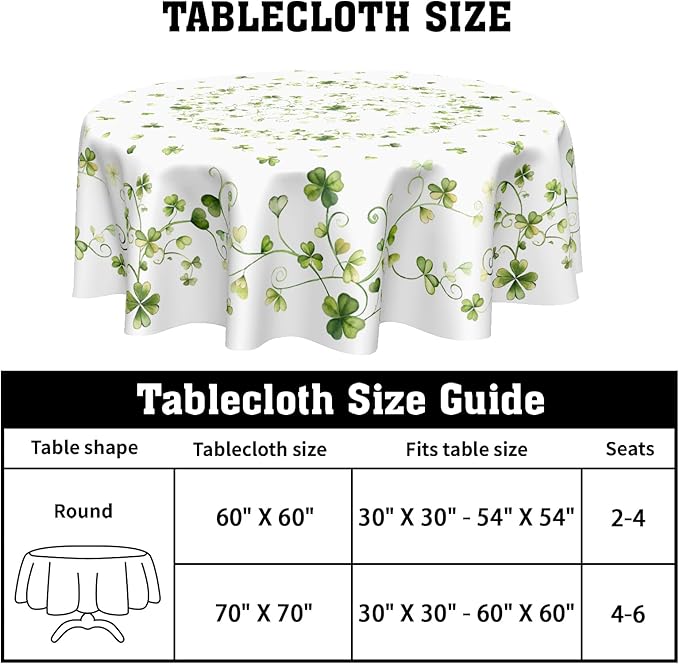 St. Patrick's Day Tablecloth Round 70 Inch Green Shamrock Circle Table Cloth Spring Holiday Lucky Clover Table Cover for Party Kitchen Dinner Home Decor