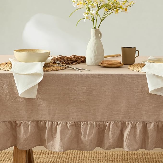 MONDAY MOOSE Ruffle Farmhouse Rustic Rectangle Natural Stonewashed Cotton Tablecloth for Kitchen, Dining Room, Restaurant (60x120 inch, Natural)