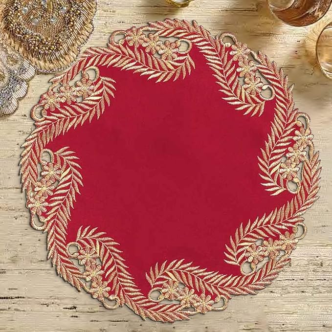 Decozen Set of 4 Doilies for Table, Lace Doilies Rustic Farmhouse Kitchen Dining Table Centerpiece Decor, 15 Inch Gold Burgundy Round Placemats for Home, Valentines Day Gifts, Valentines placemats