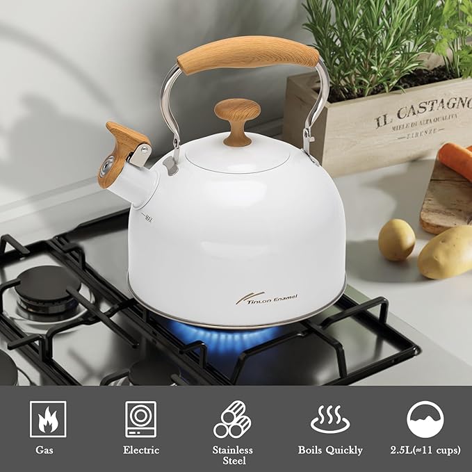 Tea Kettle, 304 Stainless Steel Whistling Tea Kettle,2.5 Quart/2.4L Stovetop Tea pot for Induction & Gas Stove with Ergonomic Folding Handle, Loud Whistle for Tea, Coffee, Milk - Milk White