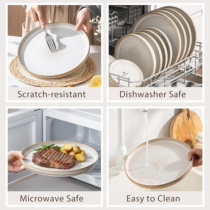 Ceramic Dinnerware Set 12 Piece – Plates and 22oz Bowls Set for 4, Scratch Resistant, Microwave & Dishwasher Safe, Beige