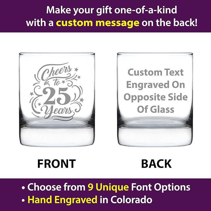 Custom Cheers to 25 Years - Personalized Whiskey Rocks Glass Gifts for Women & Men - 25th Anniversary Party Decor - 10.25 Oz Glasses
