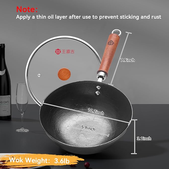 WANGYUANJI 10.2 Inch Cast Iron Wok with Lid, Flat Bottom Small Stir-Fry Pan with Wooden Handle, Uncoated Cast Iron Skillet for Gas, Induction and Electric Stovetops