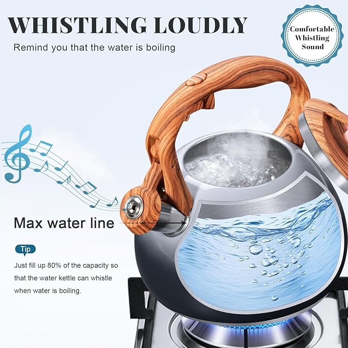 GGC Tea Kettle for Stove Top, 3.1QT/3L Whistling Tea Kettles for Boiling Water Coffee or Milk, Grey&Black Gradient kettle Pot with Wood Parttern Handle, Stainless Steel Pot for Home and Kitchen