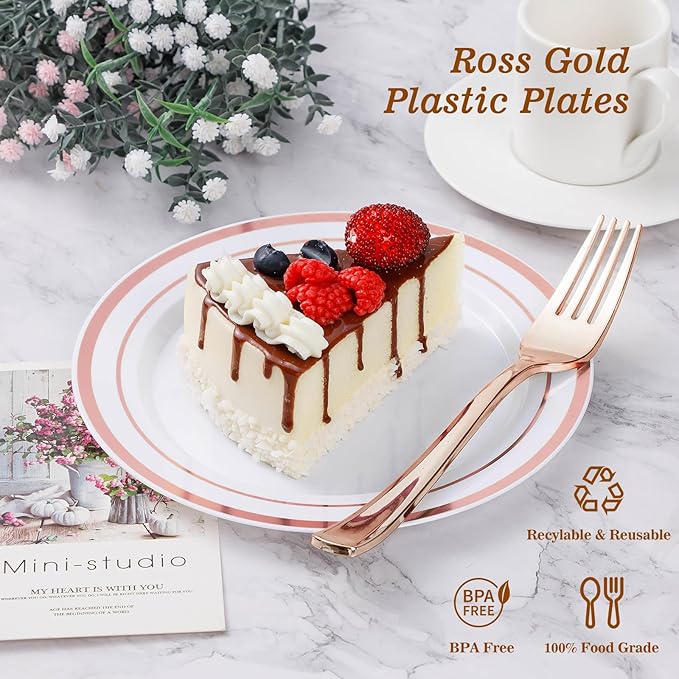 BESTVIP 200PCS Rose Gold Plastic Plate, Disposable Party Plates with 100 Dinner Plates and 100 Dessert Plates, Plastic Plates for Party, Wedding and Birthday