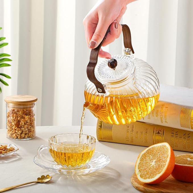 40OZ/1200ML Glass Pumpkin Teapot with Removable Infuser & Lid, Stovetop & Microwave Safe Clear Borosilicate Glass Tea Maker Water Kettle for Loose Leaf Blooming Tea