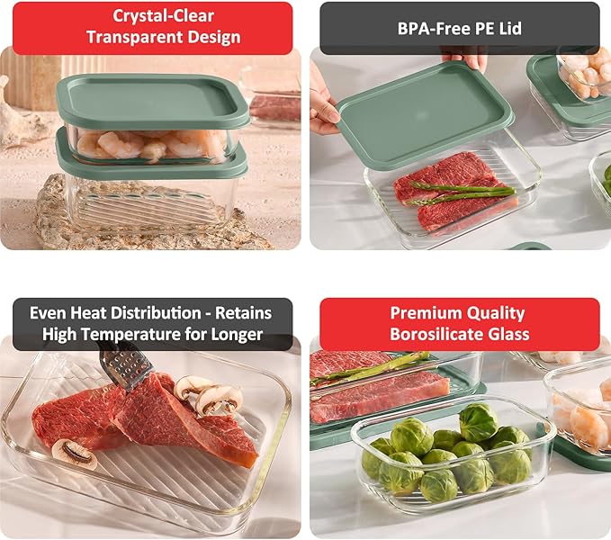 EATEX Grooved Base Glass Meal Prep Containers, 14 Pack Glass Storage Containers with Lids for Meal Prep & Lunch, Microwave Oven Freezer Dishwasher Safe, Anti Moisture Non-Stick Design - Sage Green