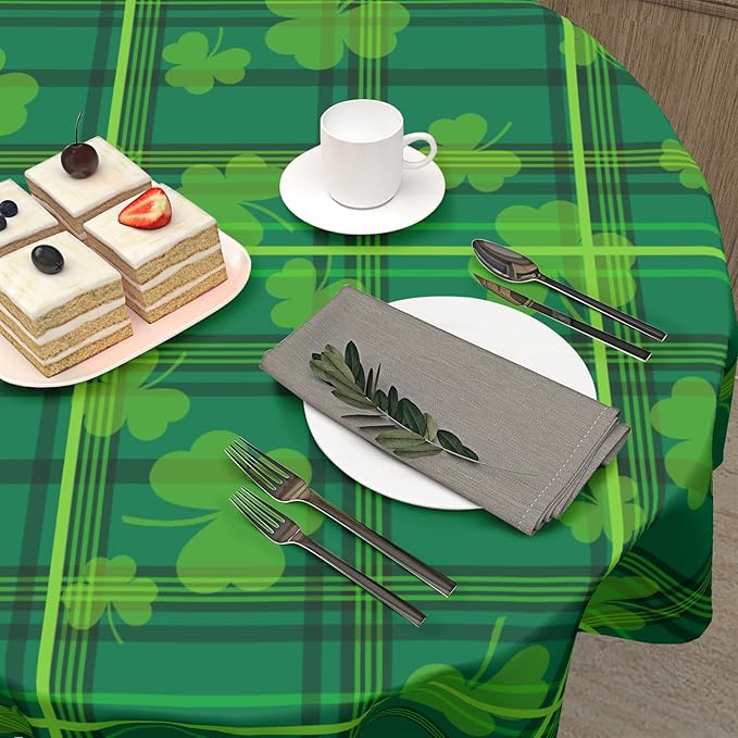 St. Patrick's Day Round Tablecloth 60 Inch Green Plaid Shamrock Print Circle Table Cloth Seasonal Holiday Saint Patrick Table Cover for Party Kitchen Dinner Home Decor