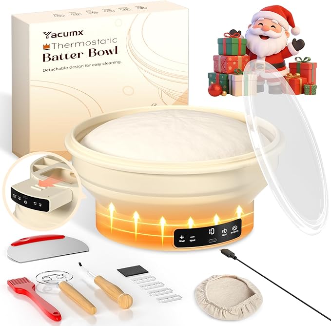 Electric Sourdough Starter Kit with 6-Temp (77-122℉) Control & Timer - 9" Foldable Sourdough Bread Baking Supplies & Dough Warmer - Complete Banneton Bread Proofing Basket Set for Artisan Home Bakers
