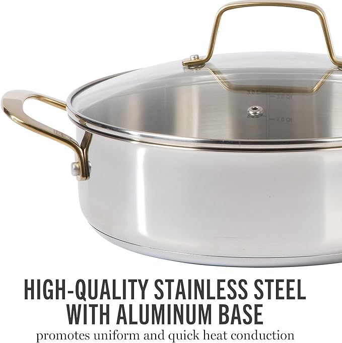Martha Stewart Castelle 10 Piece 18/8 Durable Stainless Steel Induction Safe Pots and Pans Non-Toxic Kitchen Cookware Set - Gold Handles - Dishwasher Safe