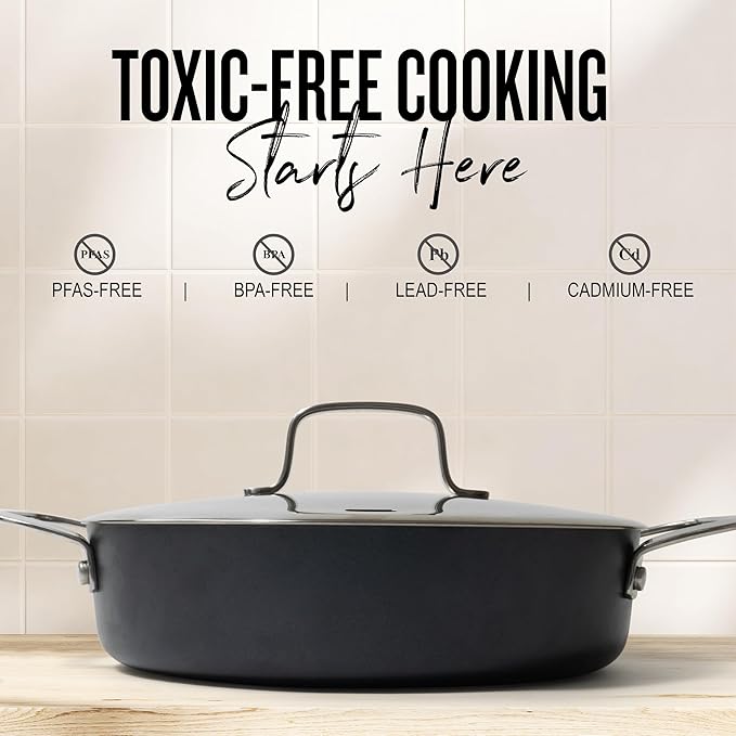 Alva Maestro Nonstick Ceramic Saute Pan with Lid 3.5Qt. - Oven Safe and Made without PFAS, PFOA & PTFE - Induction and All Stovetop Compatible with Even Heat Distribution