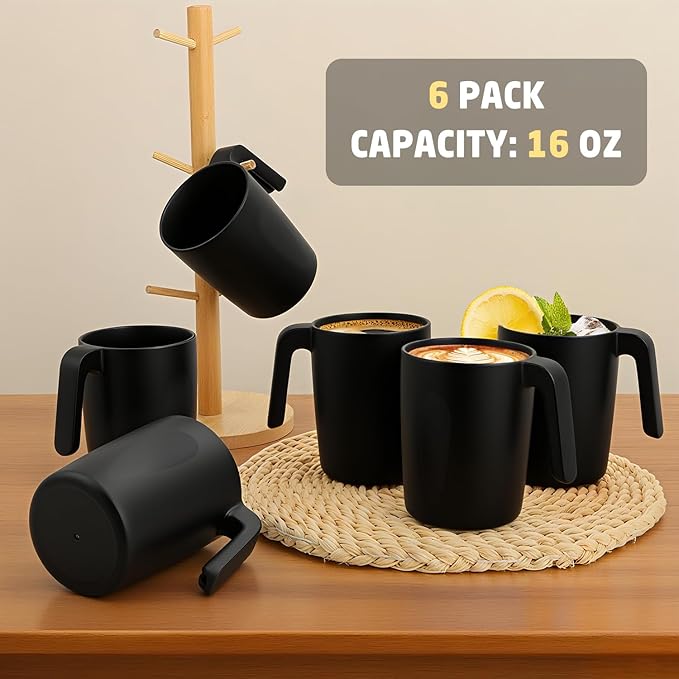 Wheat Straw Coffee Cups 16 OZ, Plastic Coffee Mugs with Handles, Lightweigt &Unbreakable Coffee Mugs Set of 6, Microwave & Dishwasher Safe Drinking Cups for Tea, Camping, Kitchen - Black