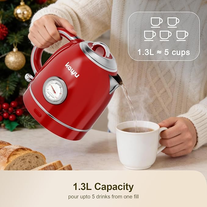 Kawu Electric Kettle, 1.3L/1.4QT Retro Hot Water Tea Kettle & Coffee Pot with Automatic Shut Off, 1000W Electric Tea Kettle with Stainless Steel Inner, Water Boiler for Home & Kitchen, Keep Warm
