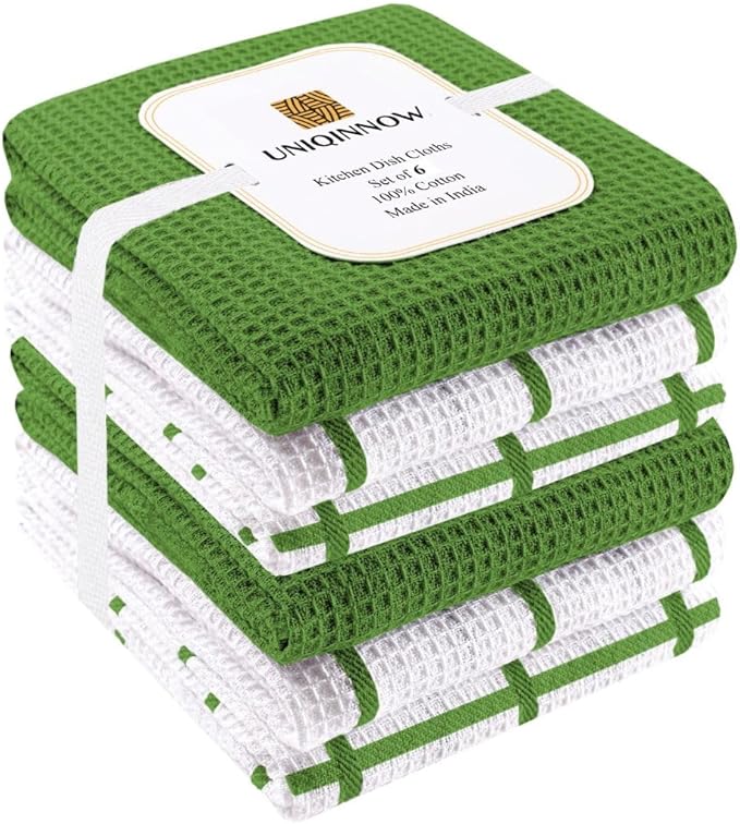 Assorted Waffle Kitchen Dish Towels 100% Cotton Set of 6, Soft Absorbent Quick Drying Table and Kitchen Linen, Tea Towels and Cleaning Towels with Hanging Loop, Dish Towels 15x25 Green