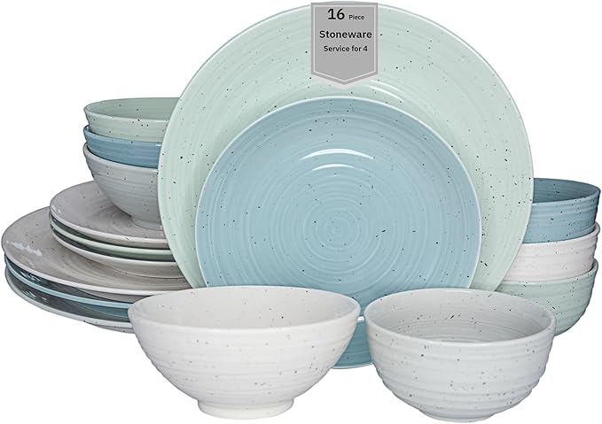 Sango Siterra Artist's Blend 16-Piece Stoneware Dinnerware Set for 4, Green, Cream & White Glossy Dishes with Speckles, Ceramic Plates and Bowls Sets for Everyday Dining, Microwave & Dishwasher Safe