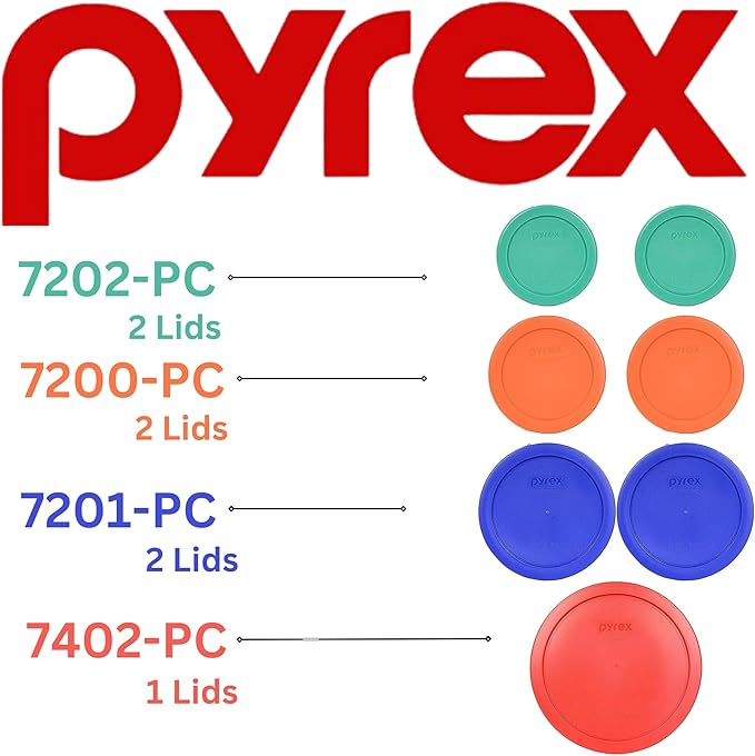 Pyrex (2) 7202-PC Green, (2) 7200-PC Orange, (2) 7201-PC Cobalt Blue, (1) 7402-PC Red Food Storage Lids - Made in USA