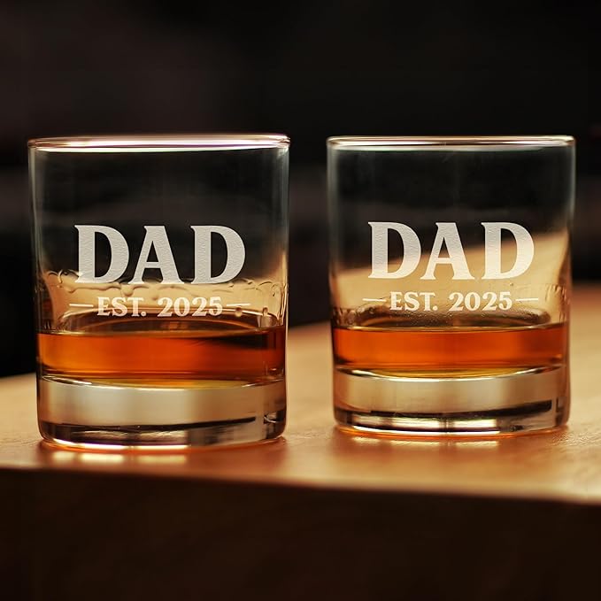 Bevvee Dad Est 2025 - New Father Whiskey Rocks Glass Gift for First Time Parents - Set of 2 - Bold 10.25 Oz Glasses