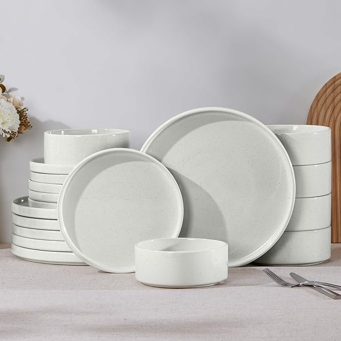 E-far Dinnerware Sets for 6, 18-Piece Stoneware Plates and Bowls Set, Modern Kitchen Dinning Dishware, Chip and Scratch Resistant, Microwave & Dishwasher Safe, Speckled White