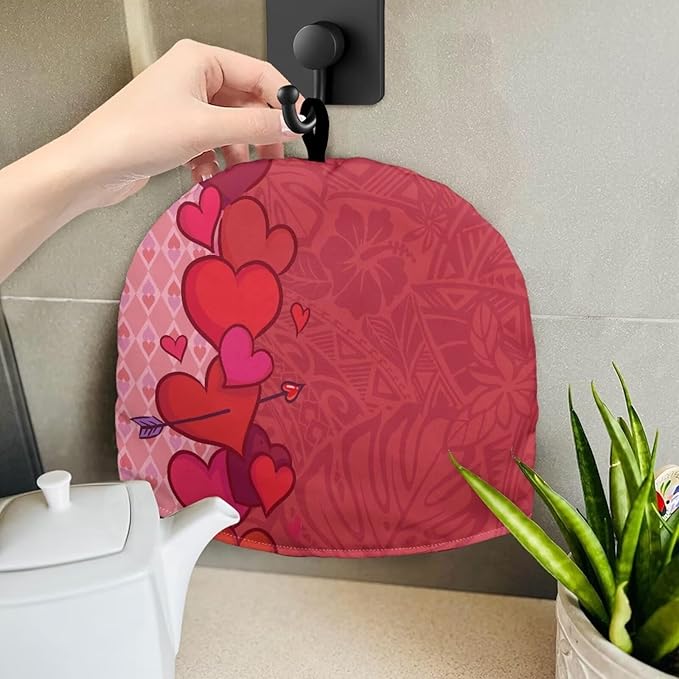 Tea Cozy for Teapots with Handle - Valentine's Day Heart and Tropical Print Dust Insulated Cover, Hanging Fold-Up Design, Suitable for Kitchen and Living Room Table Decoration