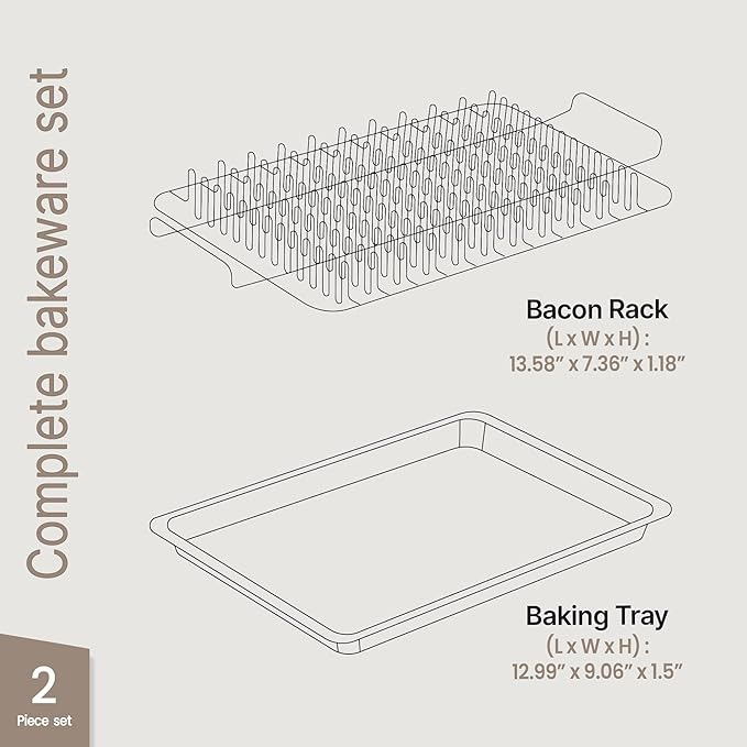 Bacon Tray - 2-Piece Set – Marble Coating - Durable, Non-Stick Cooking Tray for Bacon – White Stone Tray and Carbon Steel Rack