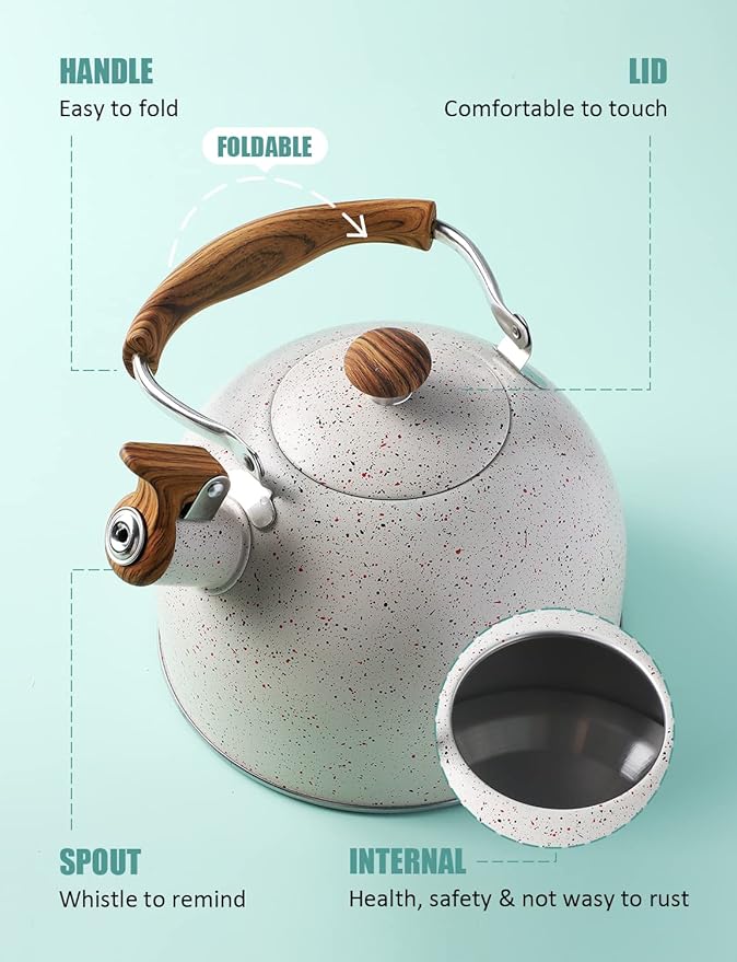 Tea Kettle, BELANKO 85 OZ / 2.5 Liter Whistling Tea Kettle, Tea Pots for Stove Top Food Grade Stainless Steel with Wood Pattern Folding Handle, Loud Whistle Kettle for Tea, Coffee, Milk - Cream White