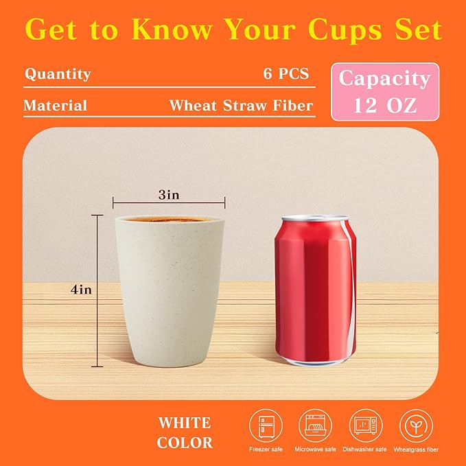 Homienly Wheat Straw Cups 12oz Unbreakable & Easy to Clean Cups Reusable Outdoor Drinking Cups for Travel,Camping,Picnic, Refrigerator and Dishwasher Safe Stackable Water Tumblers- White